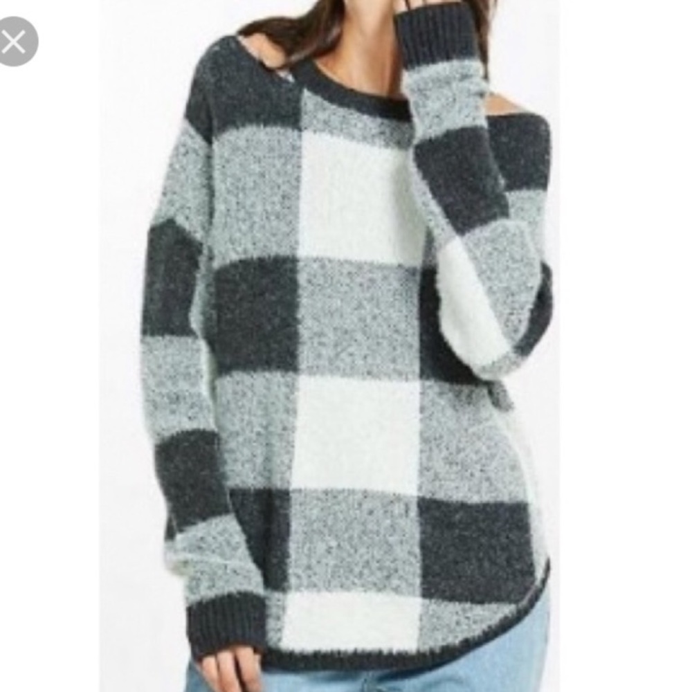 Express plaid cutout shoulder textured sweater